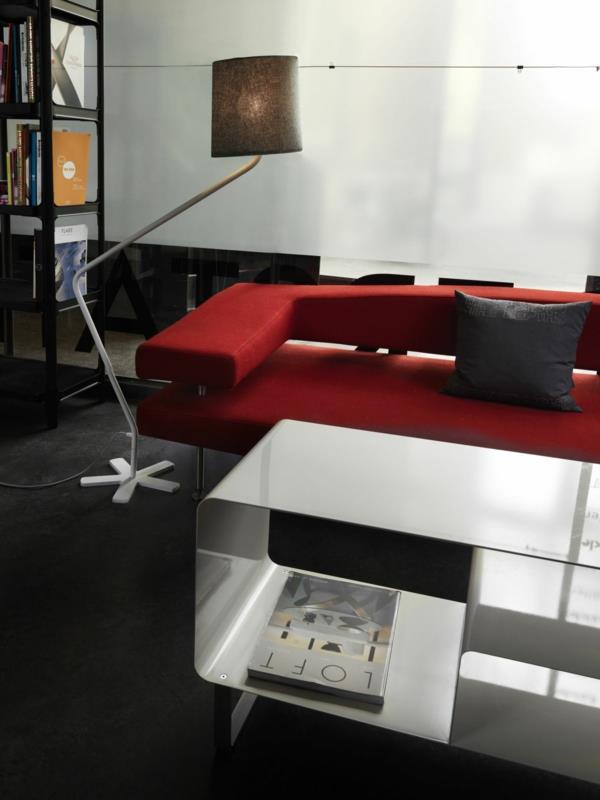 lampadaire design abat-jour salon canapé rouge