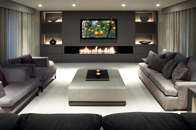 Stěna s TV - TV v obývacím pokoji s krbem