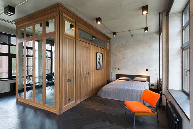 Интериорен дизайн на спалня в стил таванско помещение - снимка