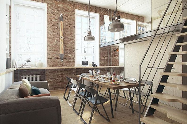 Интериорен дизайн на кухня в стил таванско помещение - снимка
