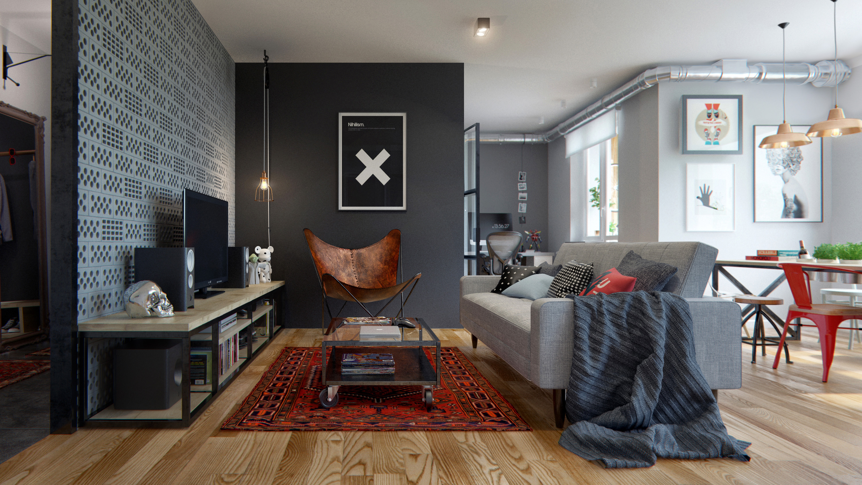 Modernes Interieur mit hellem Laminat in einem geräumigen Studio-Apartment