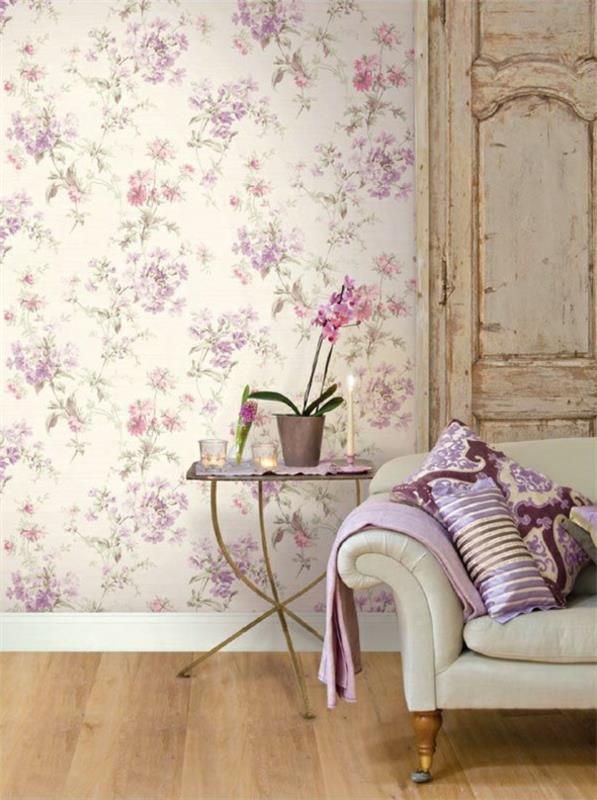 tapety motywy kwiatowe salon projekt ściany biała sofa