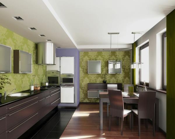 papier peint mur de cuisine design vert marron ameublement