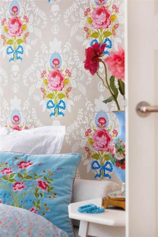 tapety sypialnia projekt ściany motywy kwiatowe