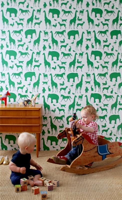 tapeta do pokoju dziecięcego pokój zabaw projekt ściana tapeta wzór zielony zwierzęta