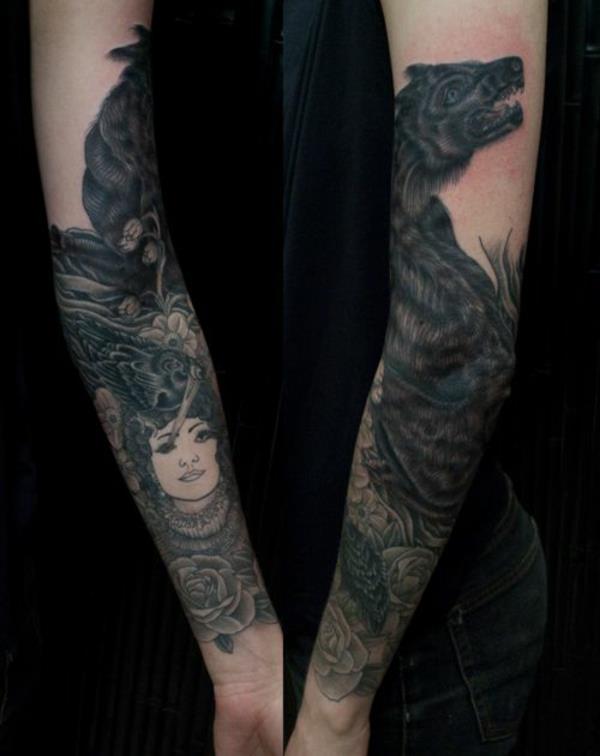 tatouage avant bras photos corbeau roses femme loup