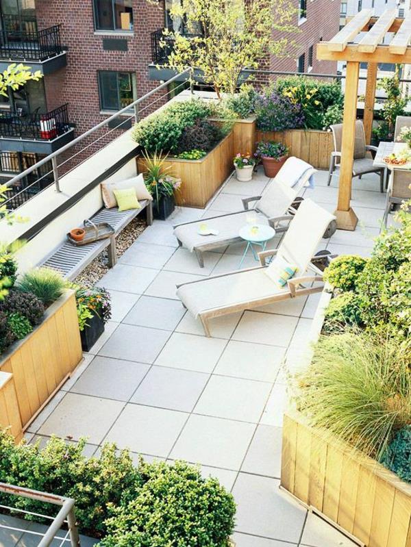 terrasse sol carrelage béton mobilier d'extérieur bois