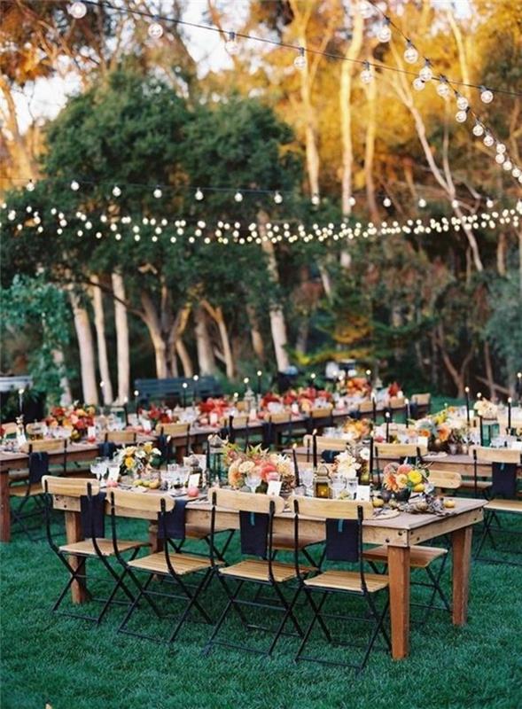 dekoracja stołu przyjęcie w ogrodzie eleganckie wesele świętuj bajkowe światła