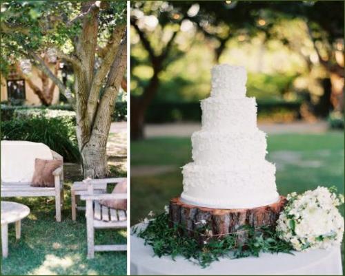 dekoracja stołu weselne czteropoziomowe ciasto na kawałku pnia drzewa