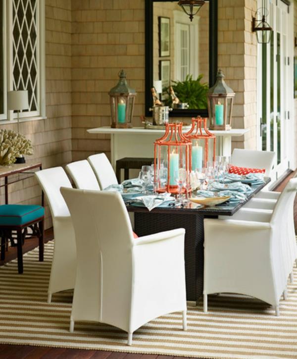 dekoracje stołu świece rattan stół ogrodowy stół jadalny krzesła drewniane meble ogrodowe bieżnik wzór w paski