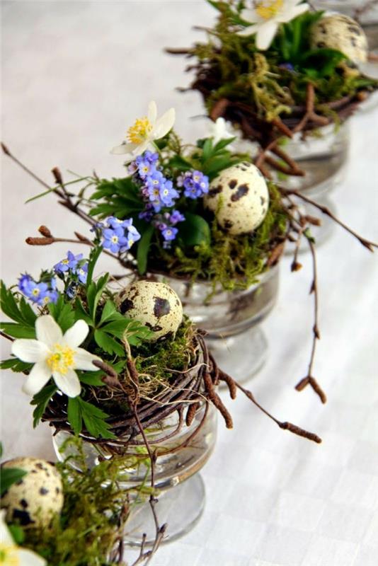 dekoracje stołu wielkanoc pomysły na dekorację stołu wielkanoc okulary gałązki wierzby gniazdo wiosenne kwiaty jajka przepiórcze