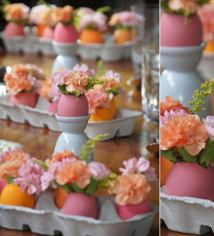 dekoracje stołu wielkanoc dekoracje stołu wielkanoc pomysły różowe skorupki jaj wazony wiosenne kwiaty kartony na jajka