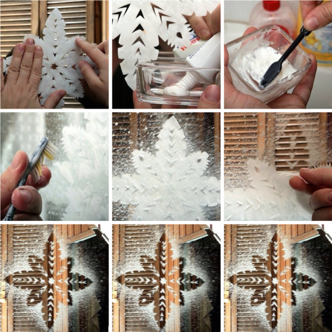 Vizuální příklad vytvoření sněhové vločky pomocí šablony a zubní pasty