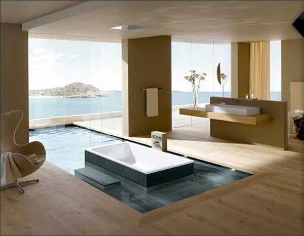 salle de bain de rêve avec piscine extérieure et vue mer
