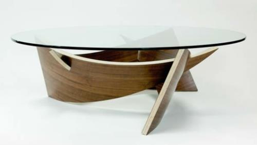 modny osobliwy stolik kawowy szklana płyta drewniana podstawa