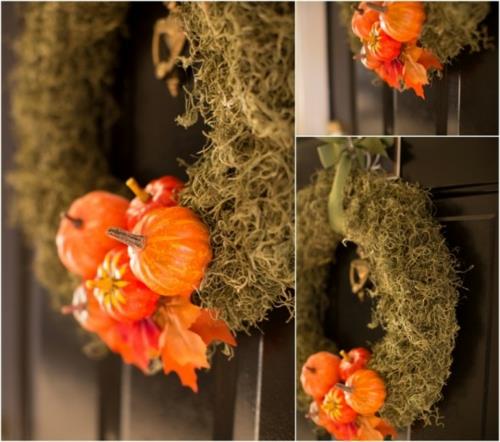 couronne de porte idées déco automne design orange citrouilles petite mousse