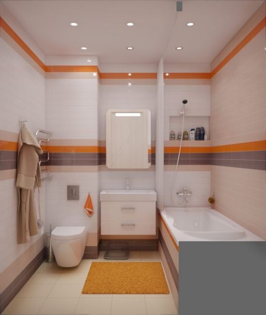 Приглушено оранжево и лилаво в интериора на банята