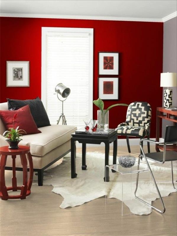 idées de mur petit salon couleur de mur rouge tapis de fourrure blanc