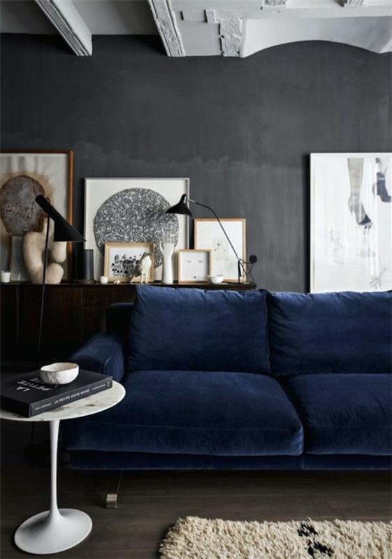 idées de design mural salon gris canapé bleu