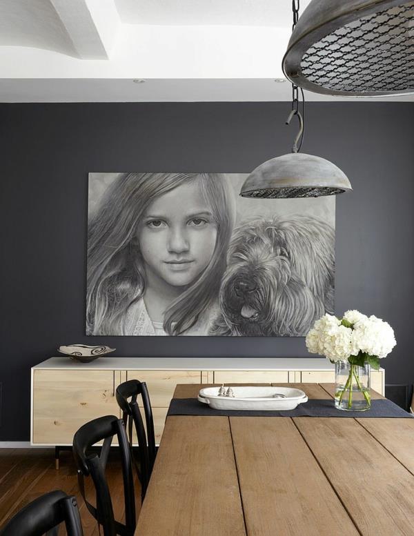 mur couleur gris longue table à manger portrait