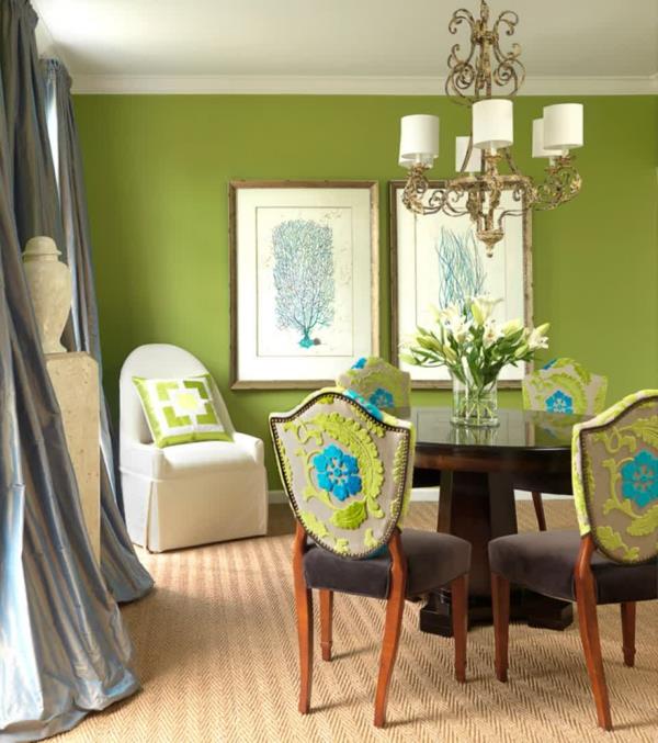 Kolor ściany pomysły na kolor projekt ściany zielony żyrandol stół do jadalni