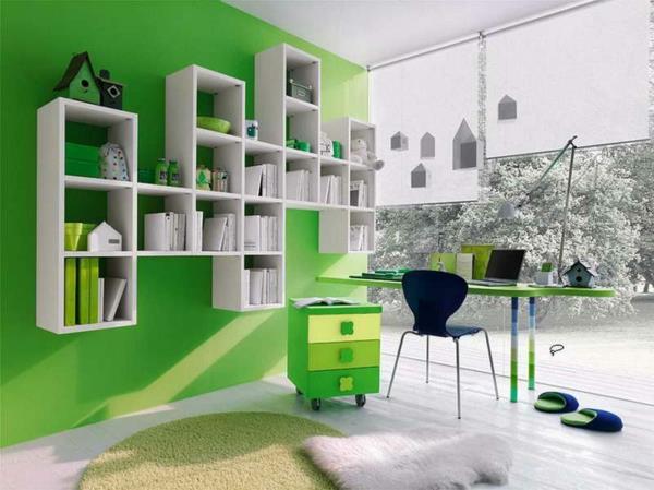 kolor ściany zielone pomysły kolorystyczne półki ścienne modułowe