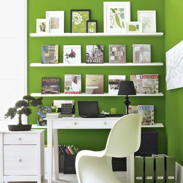 kolor ściany zielony kolor pomysły projekt ściany białe półki