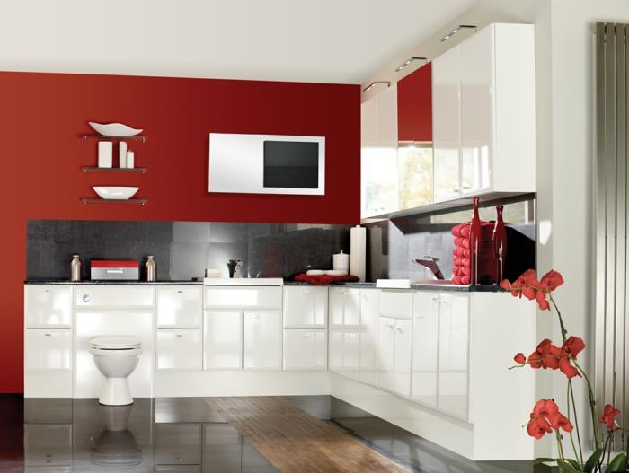 idées de peinture pour murs mur d'accent rouge armoires de cuisine blanches
