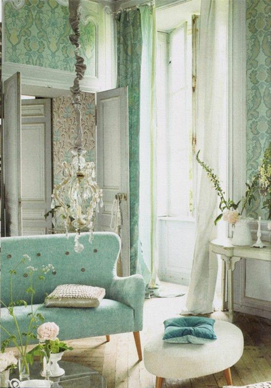 mur couleur vert menthe rideau idées mur papier peint motif floral salon canapé