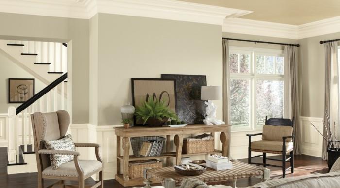 Décorez les couleurs du mur Dover White dans le salon avec des meubles en osier