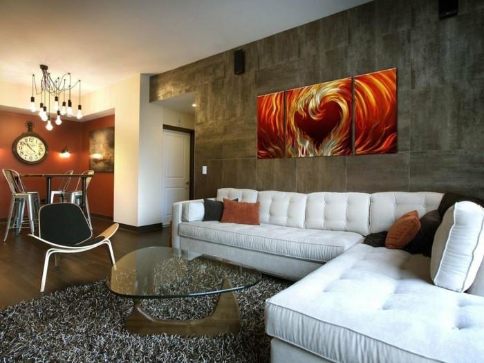 płytki ścienne salon stylowy projekt ściany biała sofa narożna