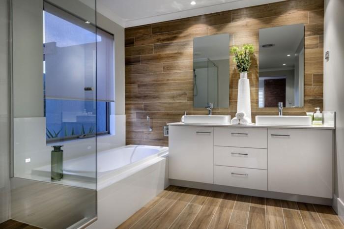 pomysły na ściany łazienka drewno białe meble lustro ścienne