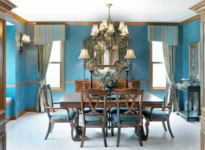 idées de conception de mur murs de salle à manger bleus longs rideaux belles décorations de table