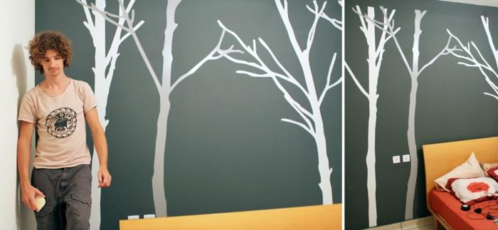 idées de conception de mur bricolage décoration murale motifs de forêt blanc gris