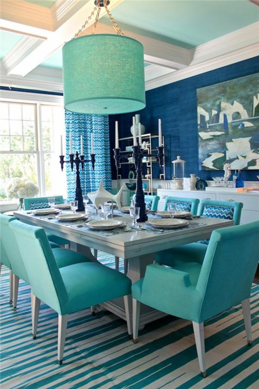 idées de conception de mur salle à manger peinture murale bleue belle moquette chaises fraîches