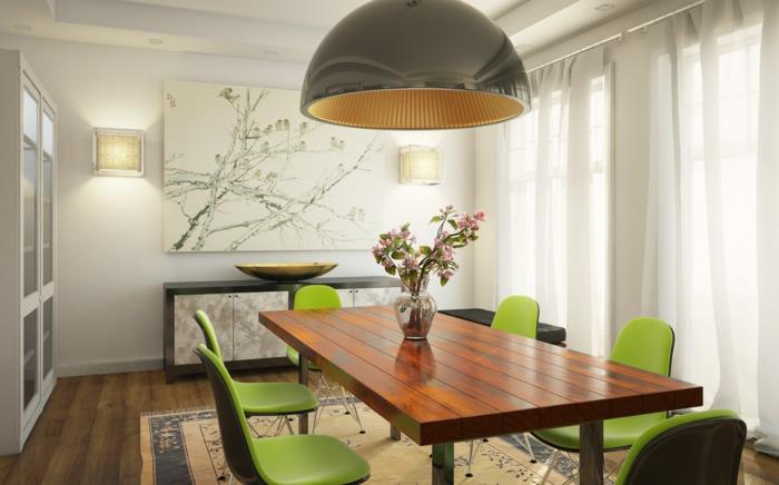 idées de conception de mur salle à manger table à manger rustique chaises vertes wanndeko