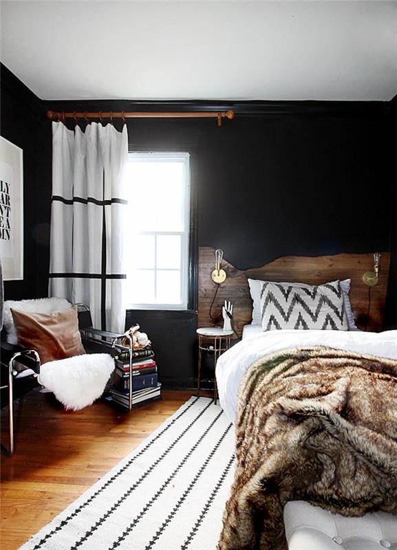 idées de conception de mur chambre murs sombres tapis clair tête de lit rustique