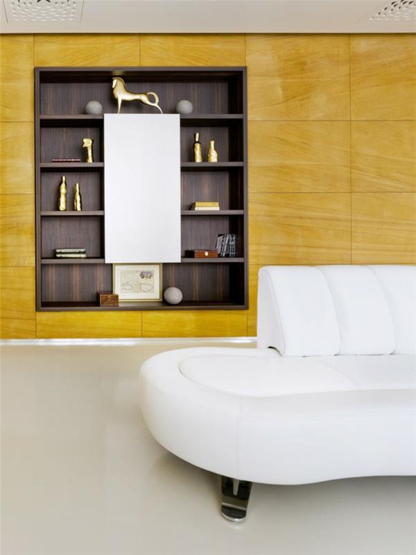 idées de conception de mur salon canapé blanc panneaux jaunes