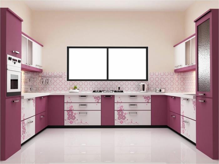 projekt ściany kuchenne płytki ścienne różowe szafki kuchenne biała podłoga