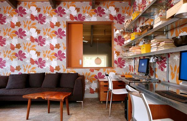mur design papier peint fleurs rouge blanc bureau à domicile motif automne