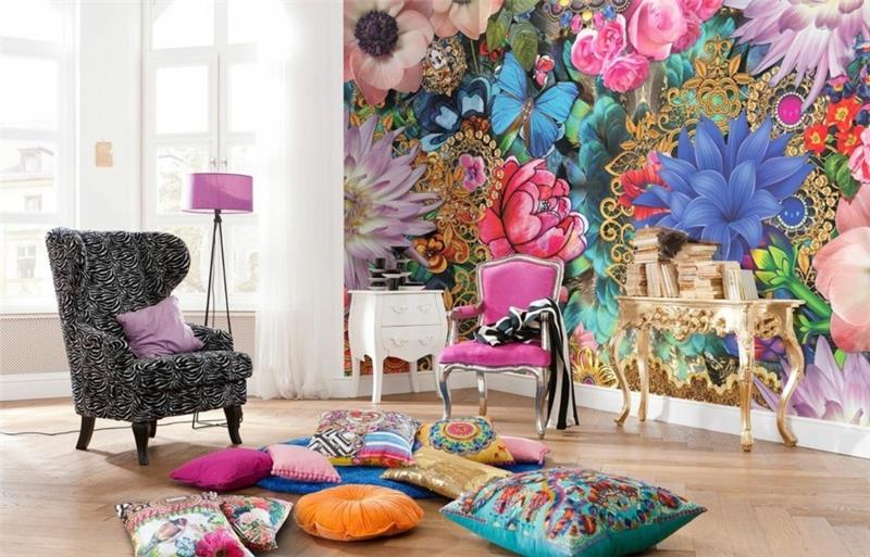 papier peint mural salon photo papier peint motif de fleurs coussins de sol colorés