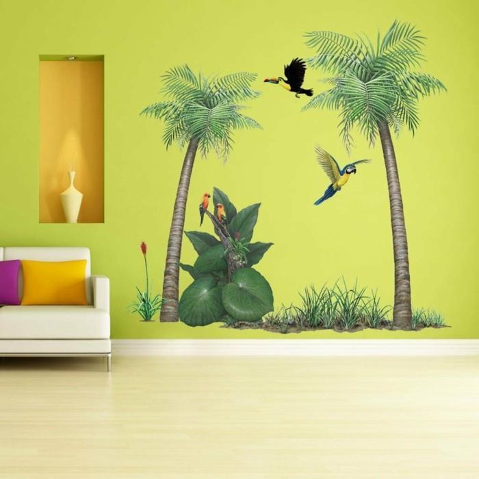 stickers muraux arbre palmiers mur vert coussins colorés