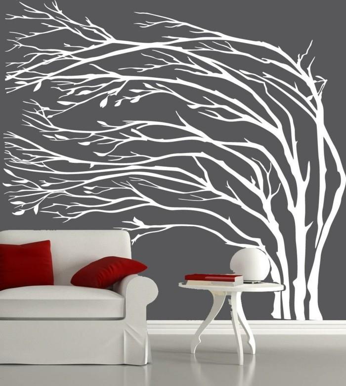stickers muraux arbre idées de décoration murale salon coussins rouges