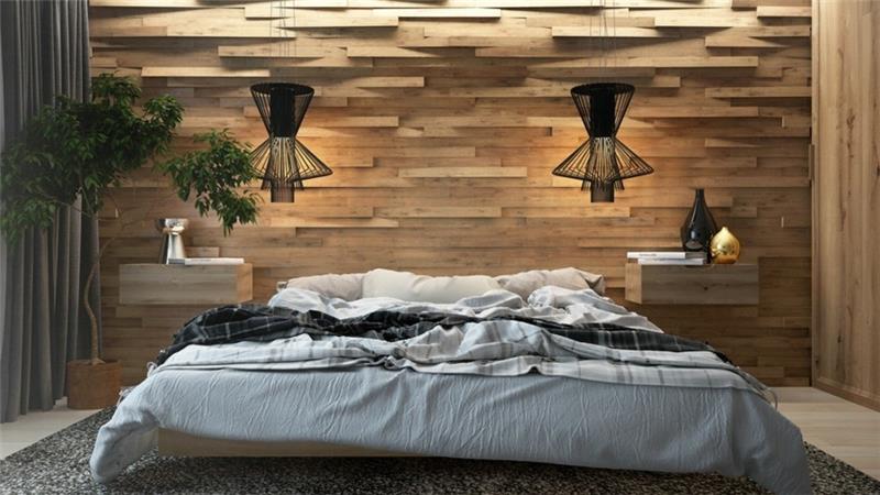 okładzina ścienna drewno akcent ścienny sypialnia piękny dywan czarne lampy wiszące