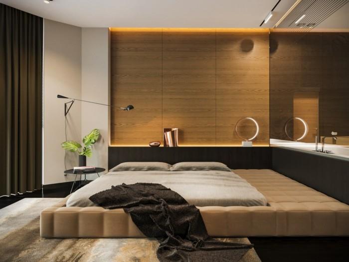 okładziny ścienne drewniane panele drewniane sypialnia nowoczesne oświetlenie