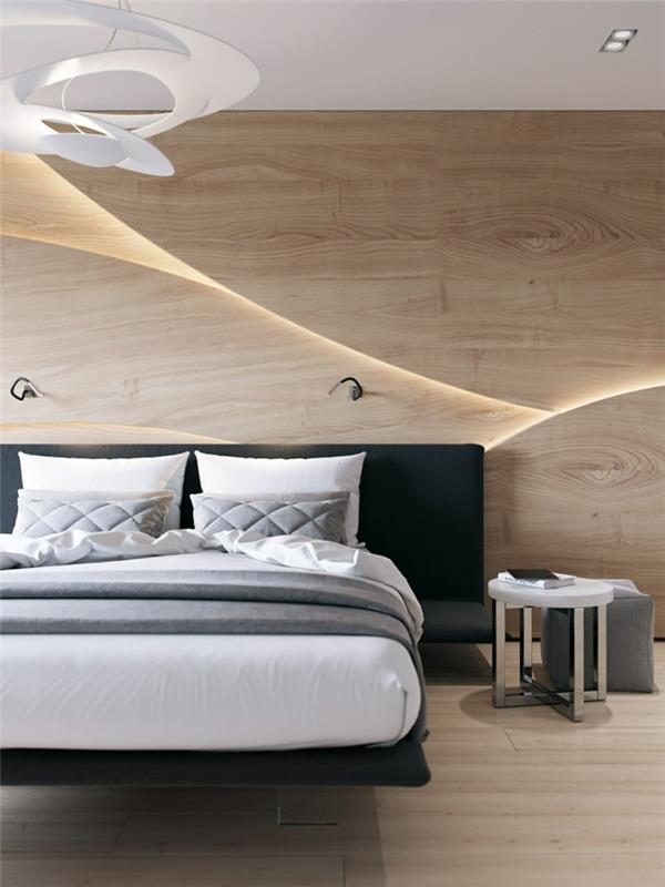 okładzina ścienna drewniana sypialnia nowoczesny świeży czarny zagłówek łóżka