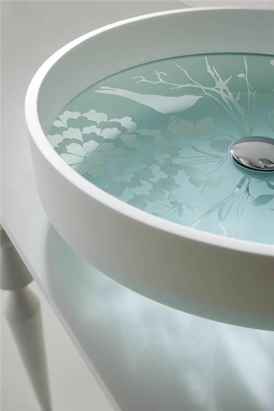 évier design verre fleurs motifs oiseaux idées salle de bain