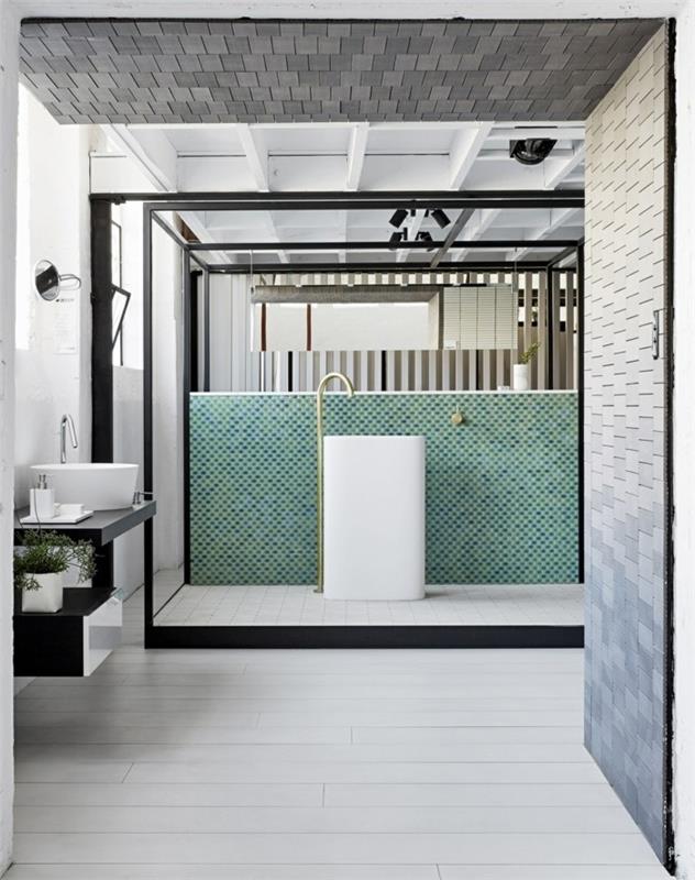 évier design rond en céramique robinet chrome salle de bain ameublement mosaïque carreaux muraux