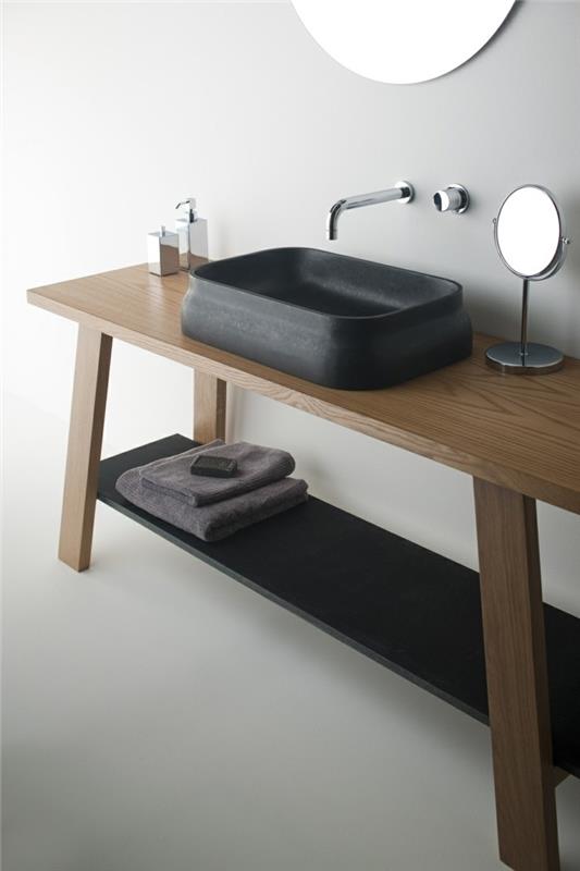 lavabo design noir forme rectangulaire marbre vasque bois clair