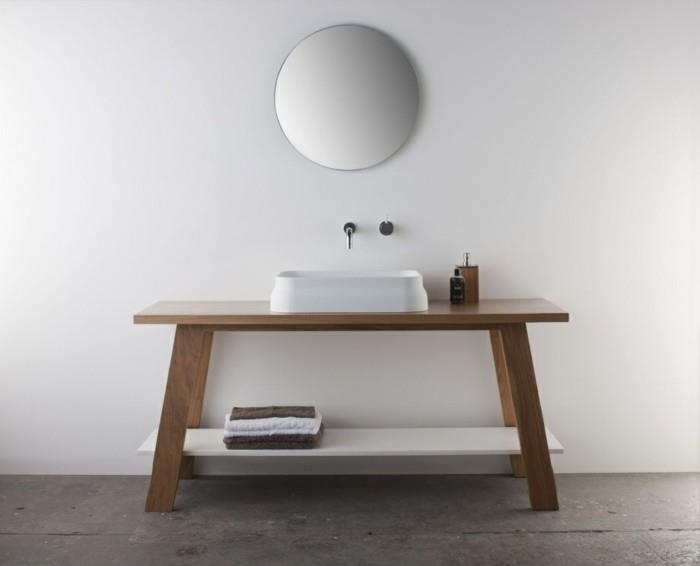 lavabo design en céramique blanche bois naturel miroir mural rond